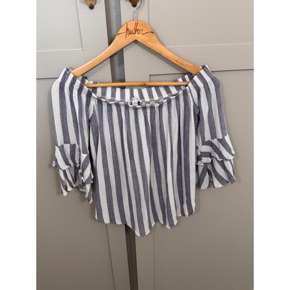 Moa Moa Womens Off The Shoulder Striped Ruffle Sleeve‎ Blouse Navy White Small